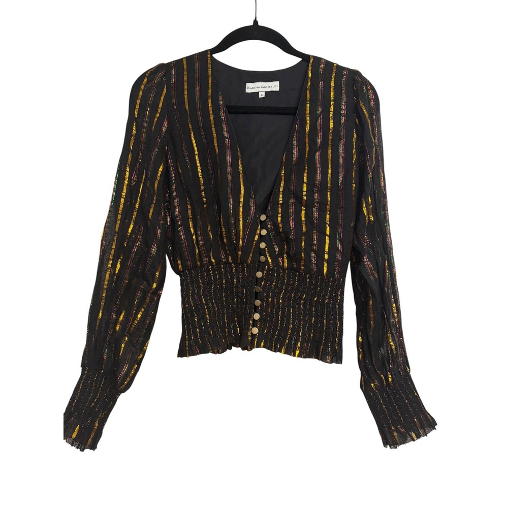 Karina Grimaldi Black Metallic Gold Rainbow Stripe Smocked Blouse V-Neck Small
